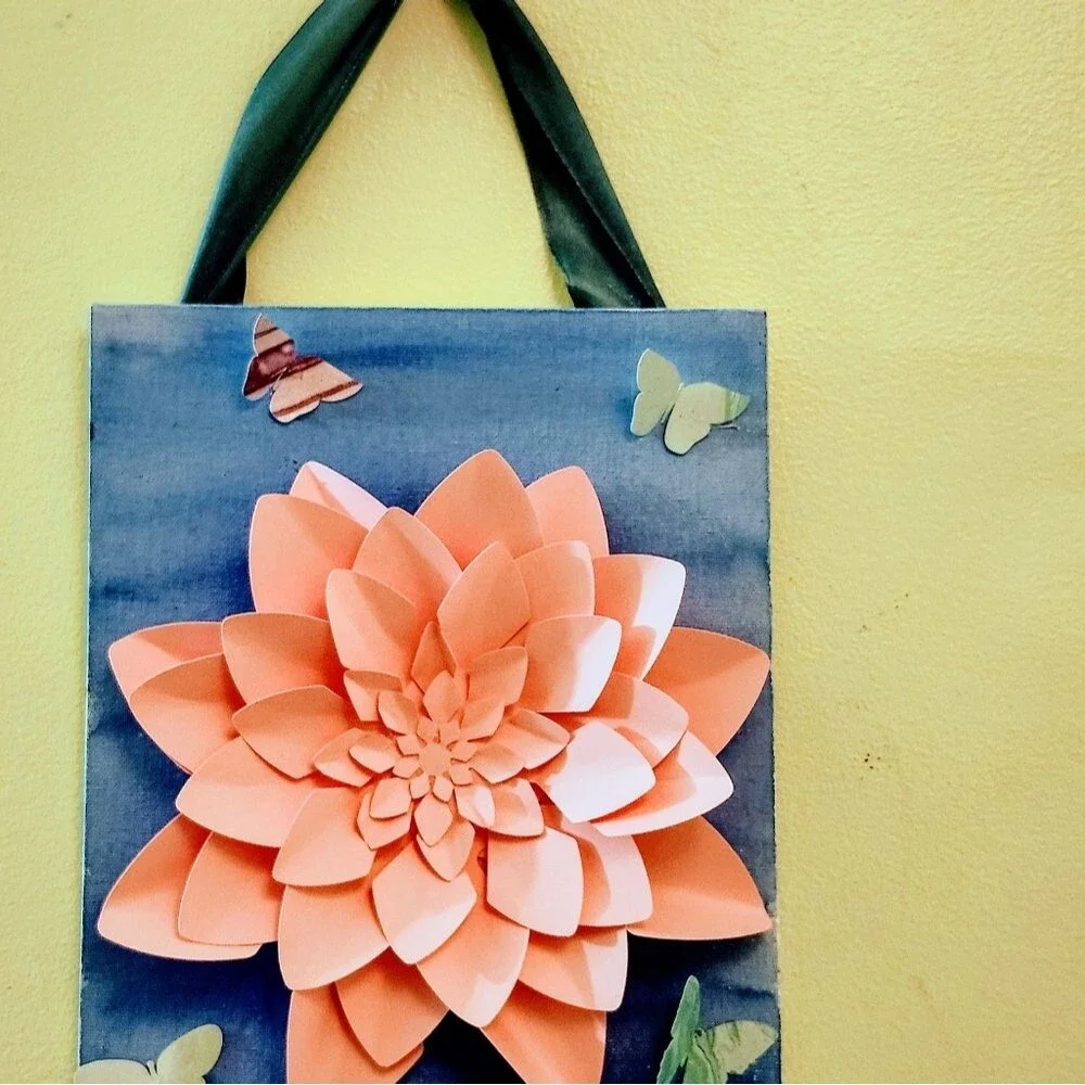 Handmade Dahlia Flower Canvas Wall Art, Mixed Media Watercolor Painting, Pink